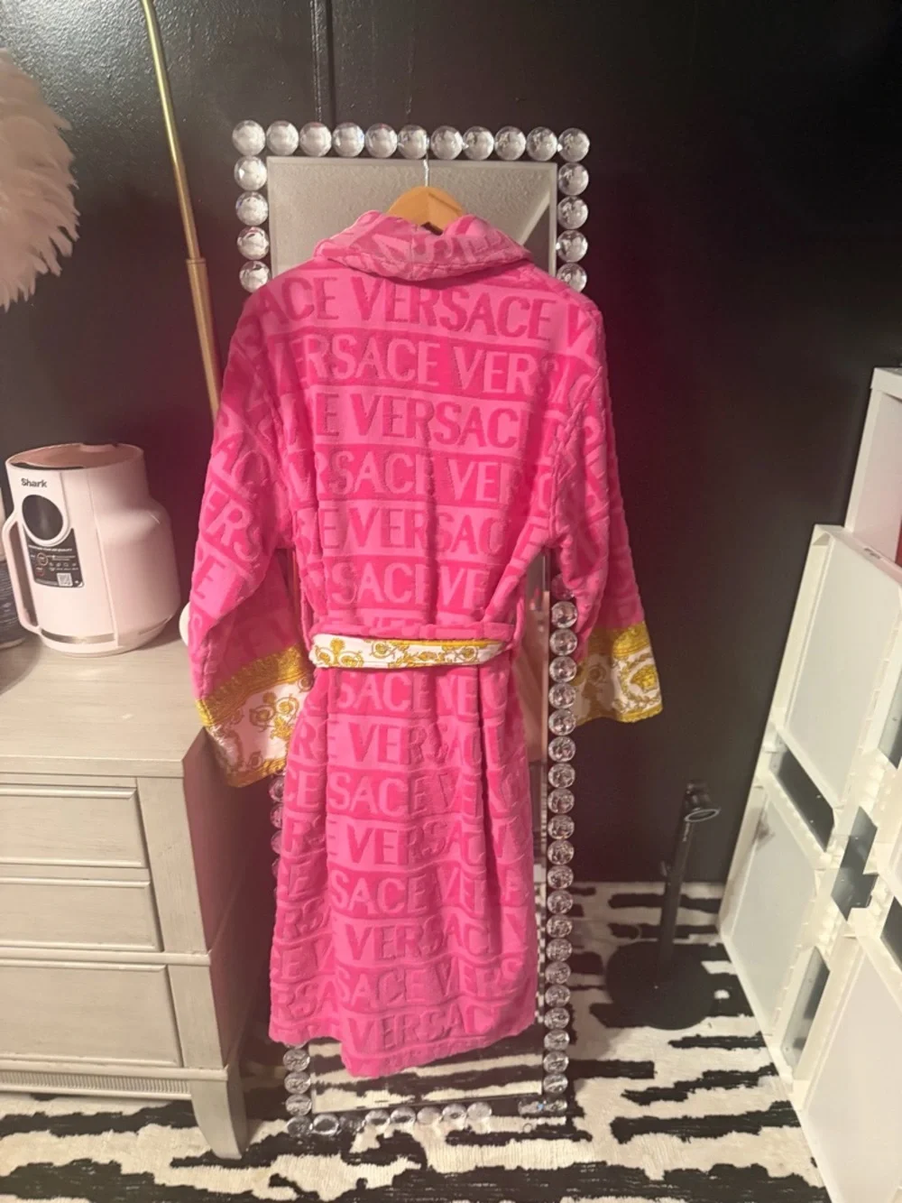 Versace Pink Logo Bathrobe with Gold Baroque Accents